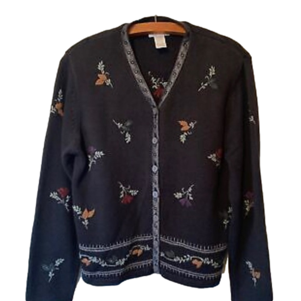 VTG Hand Embroidered Black Floral Cardigan Sweater: Size M